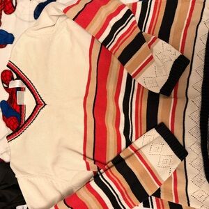 villager Cream Sweater with Red, Black & Blue Stripe Trim